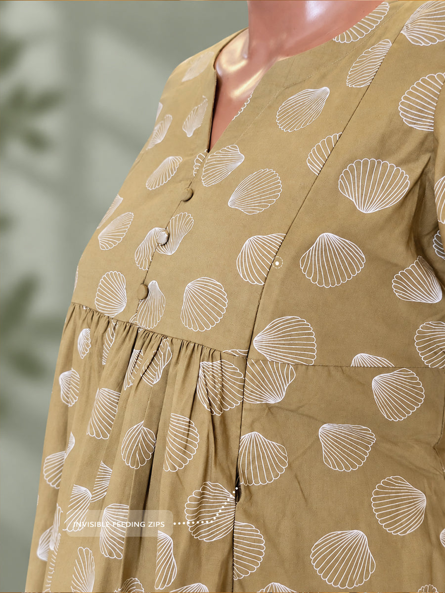 Ziva Maternity & Feeding Cotton Co-ord Set with Side Zips & Pockets – Khaki Beige Seashell Print