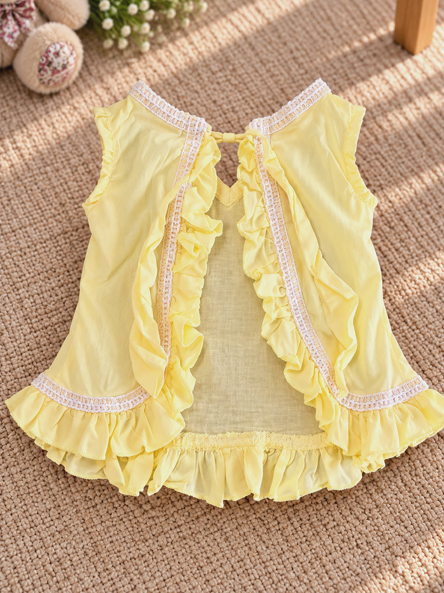 Ziva Baby Girl Cotton Ruffle Top & Bloomer Set – Soft Yellow | Cream Lace Detail | 1 Top + 1 Bloomer