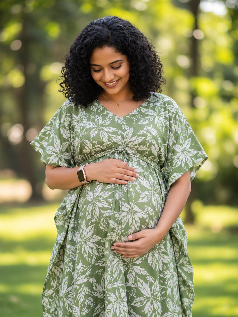 Ziva Maternity & Feeding Cotton Rayon Blend Kaftan – Concealed Feeding Zips & Waist Adjustable Tie | Sage Green Botanical Leaf Print