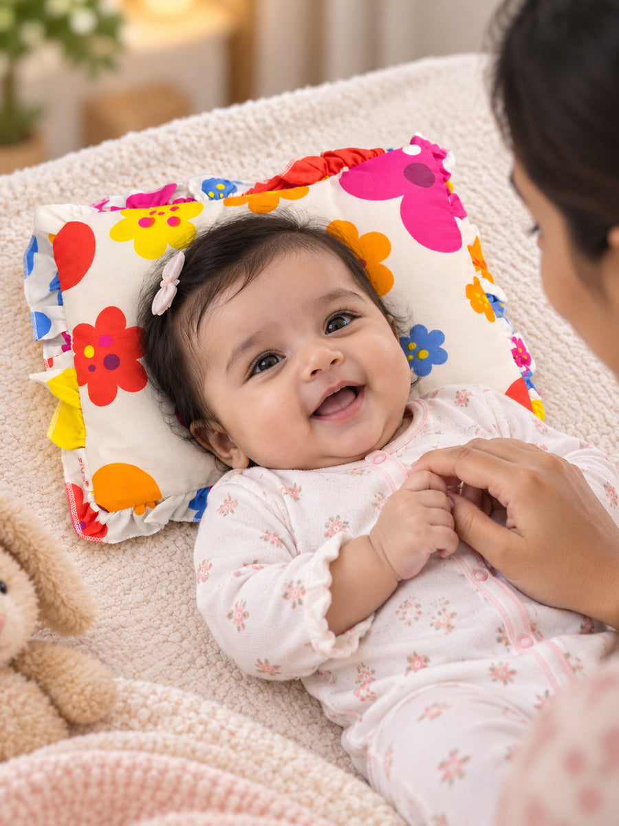 Ziva Baby Pillow with Cotton Cloth Cover – Multicolour Floral Print | Side Frill Detail | Lightweight Soft-Filled Inner Cushion