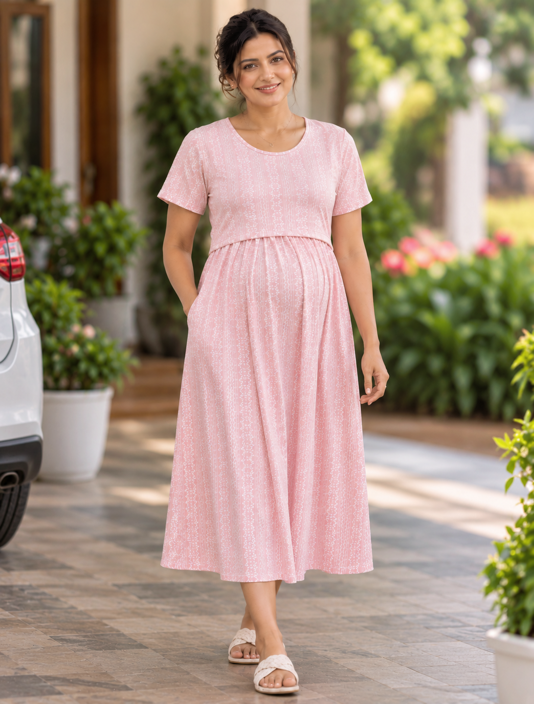 Ziva Zipless Maternity & Feeding Knitted Dress with Adjustable Waist Tie & Side Pocket | Soft Baby Pink Botanical & Ornamental Stripe Print