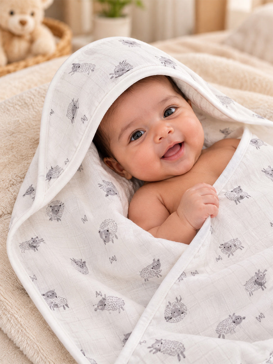 Ziva Premium Muslin Hooded Towel – Double Layer Muslin with Soft Fleece Core | Grey Hedgehog Print