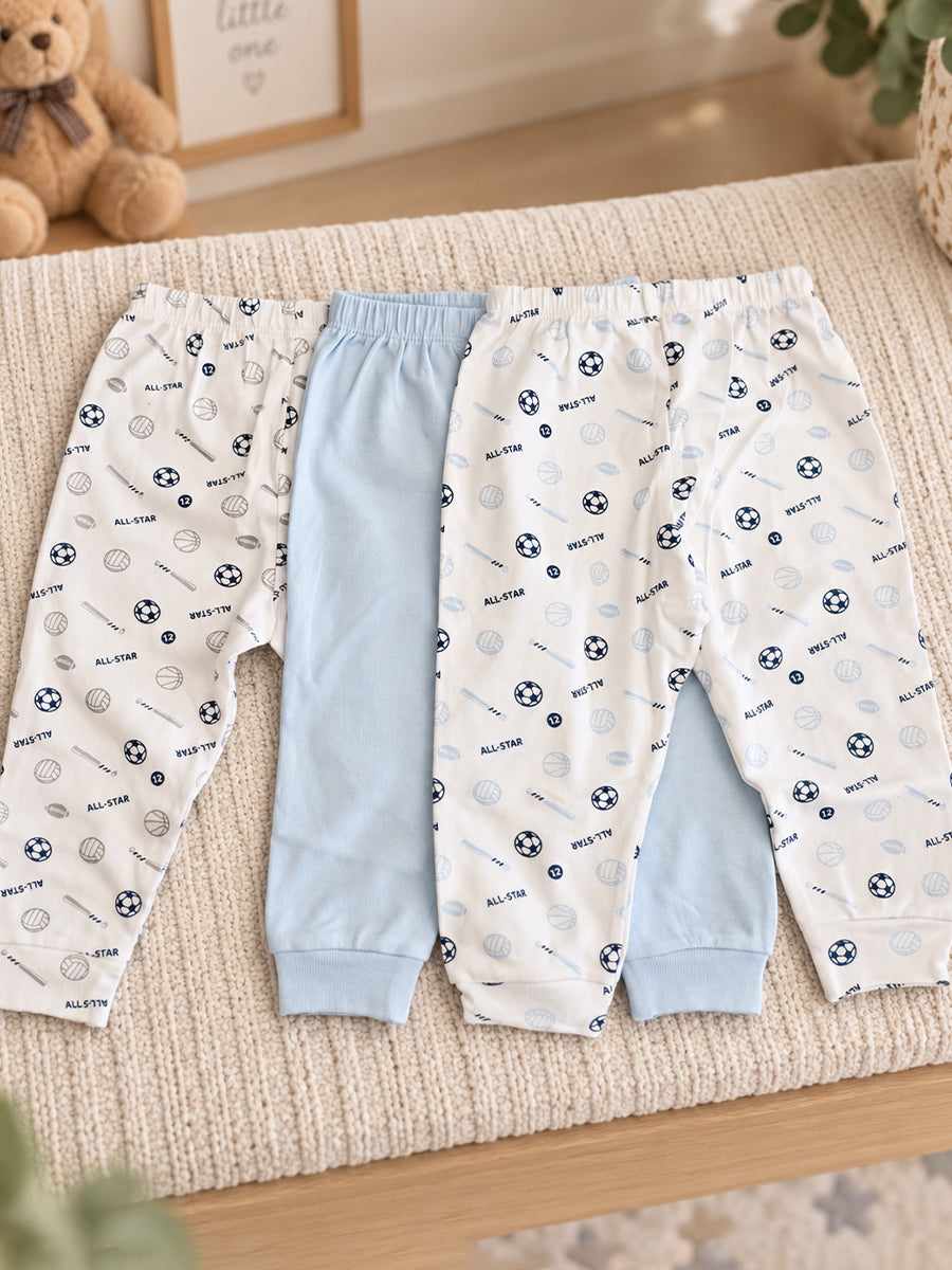 Baby Knitted Cotton Pants Combo – Pack of 3 | Assorted All-Star Sports Print & Baby Blue | 9–12 Months | Ziva Collected | Carefully Selected for Your Little One