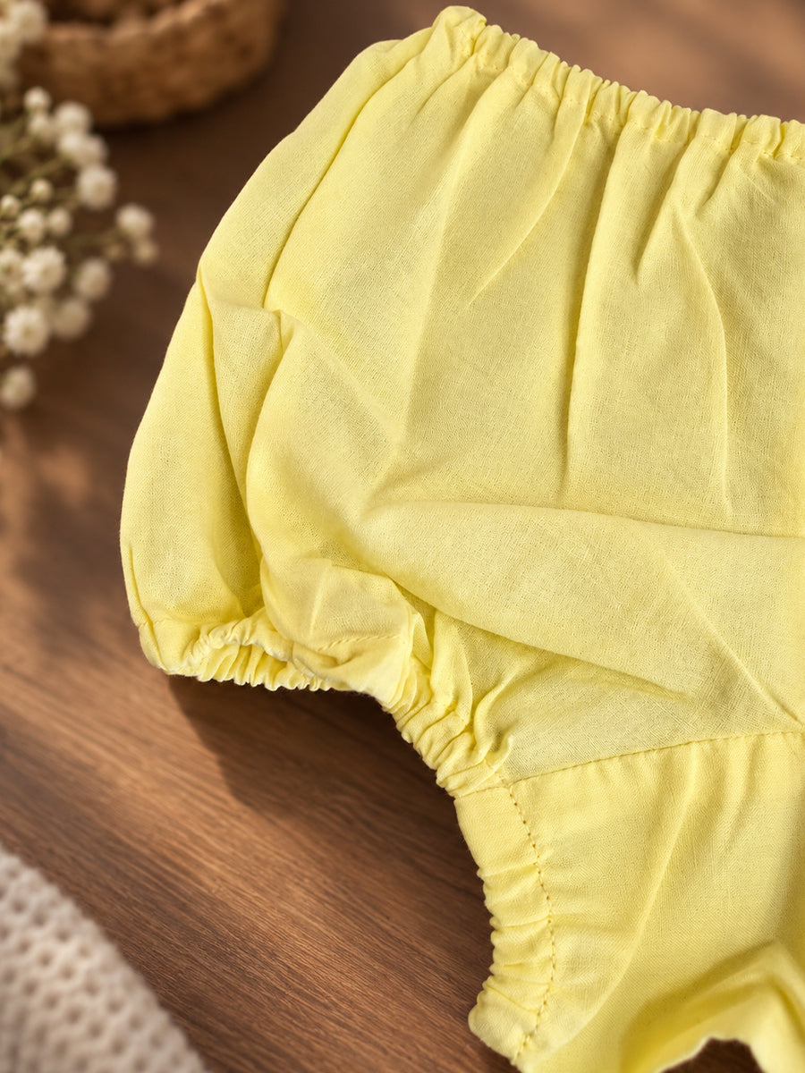 Ziva Baby Cotton V-Neck Top & Bloomer Set – Soft Yellow | Back Tie | 1 Top + 1 Bloomer