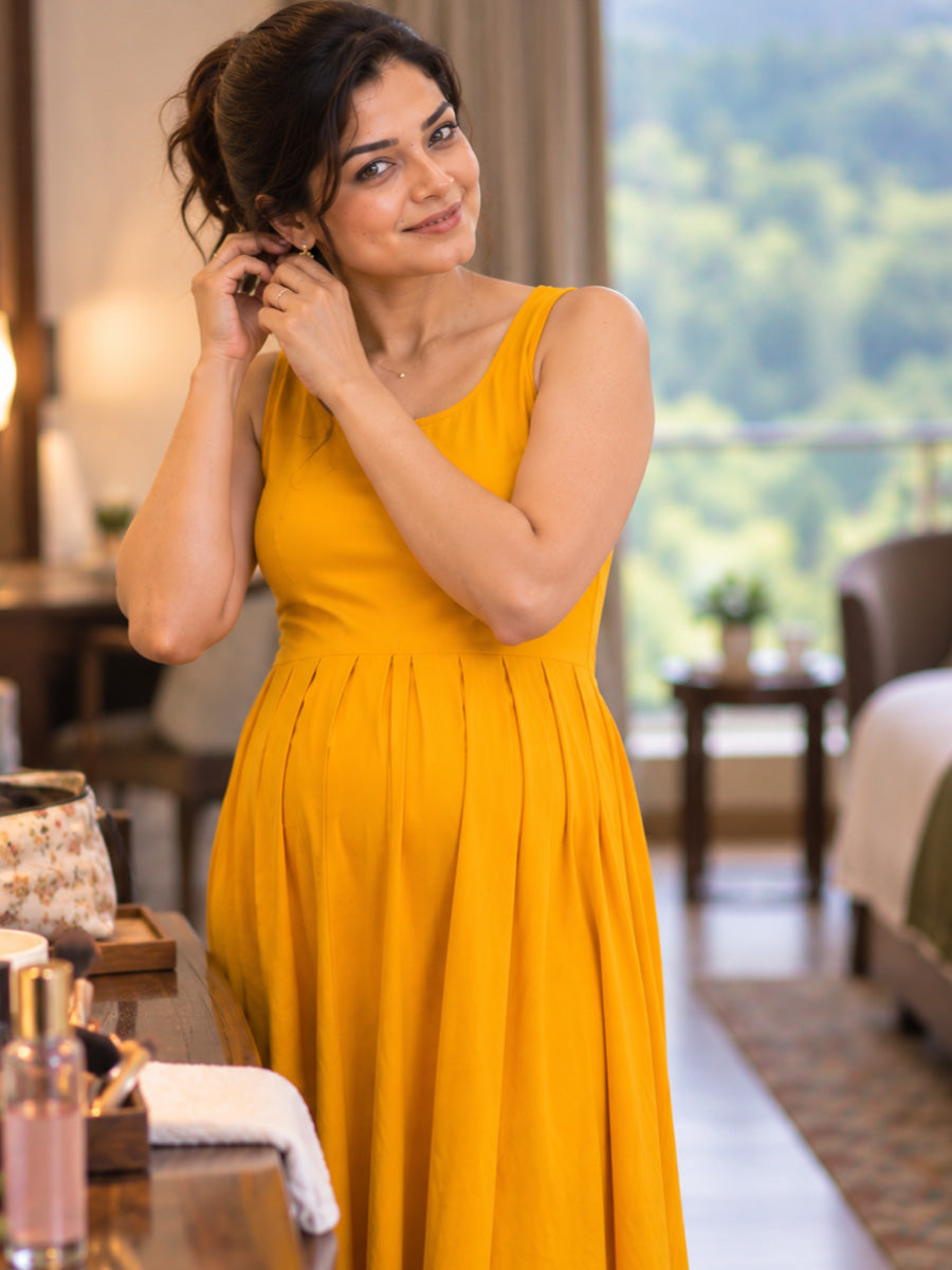 Ziva Premium Rayon Maternity & Feeding Dress with Sleeveless Inner & Floral Tie-Up Long Jacket with side pocket – Dark Orange Yellow & Turquoise Blue Floral