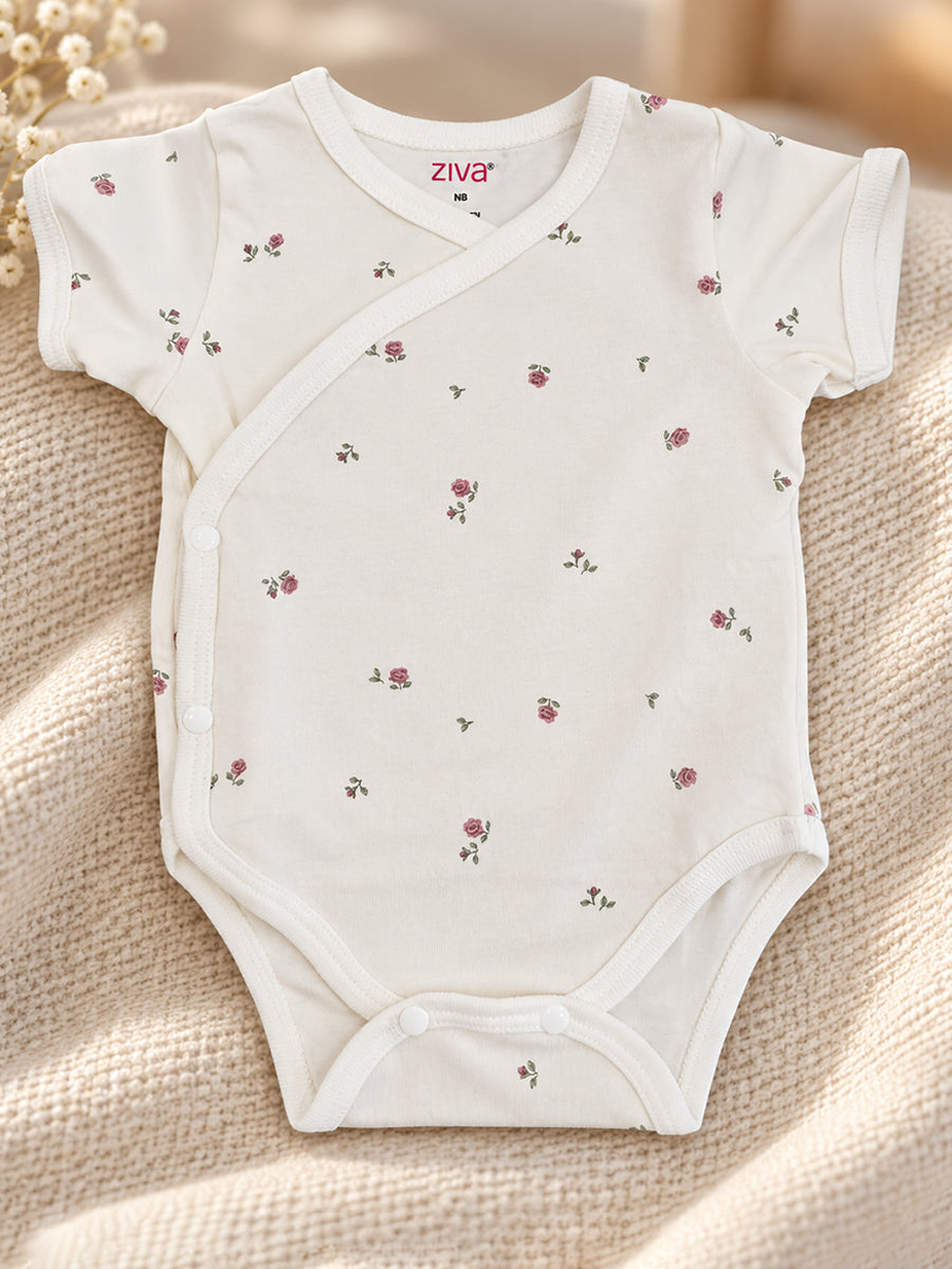 Ziva Baby Premium Knitted Cotton Overlap Romper – Pack of 3 | Ivory Mini Rose, Blush Pink Rose Dot & Baby Pink Bow Assorted Prints