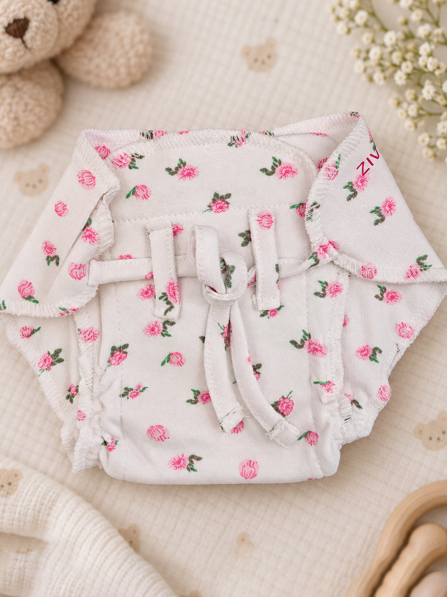 Ziva Newborn Cotton Front Open Tie Jabla with Tie Nappy – White Pink Rose Print