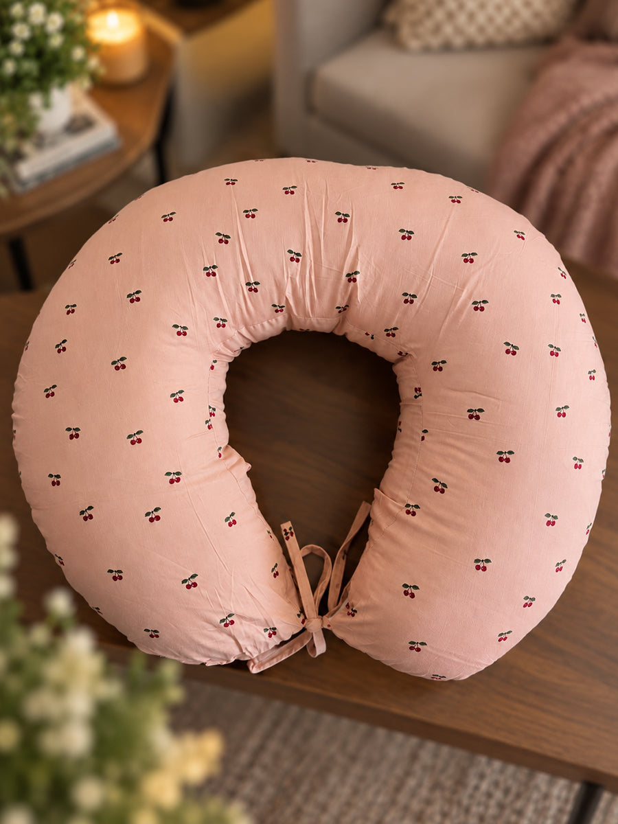 Ziva Multipurpose Feeding Pillow – Premium Organic Cotton | Light Brown with Tiny Cherry Print | Removable & Washable Cover