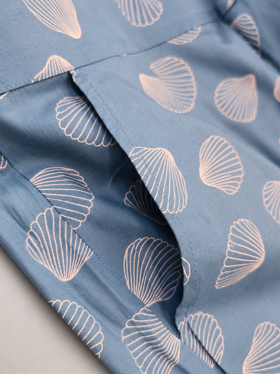 Ziva Maternity & Feeding Cotton Co-ord Set with Side Zips & Pockets – Teal Blue Seashell Print