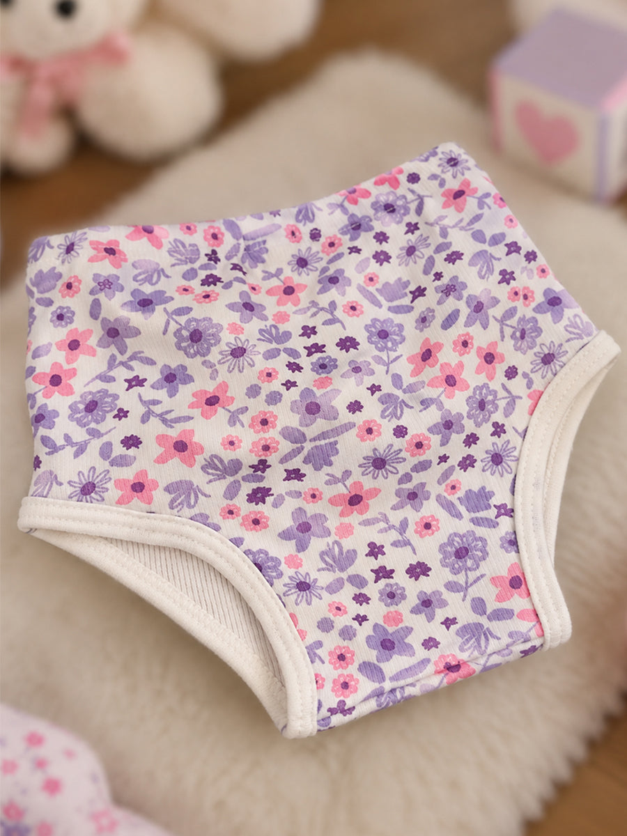 Ziva Baby Girl Frock with Pantie – Pink & Purple Floral Print | Premium Knitted Cotton | Crochet Lace Yoke & Back Knot Tie | 2-Piece Set