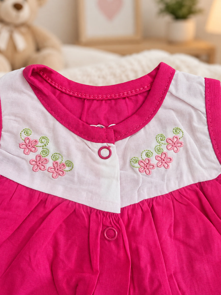 Baby Cotton Front Open Frock – Rani Pink & White | Floral Embroidered Yoke | Ziva Collected | Carefully Selected for Your Little One