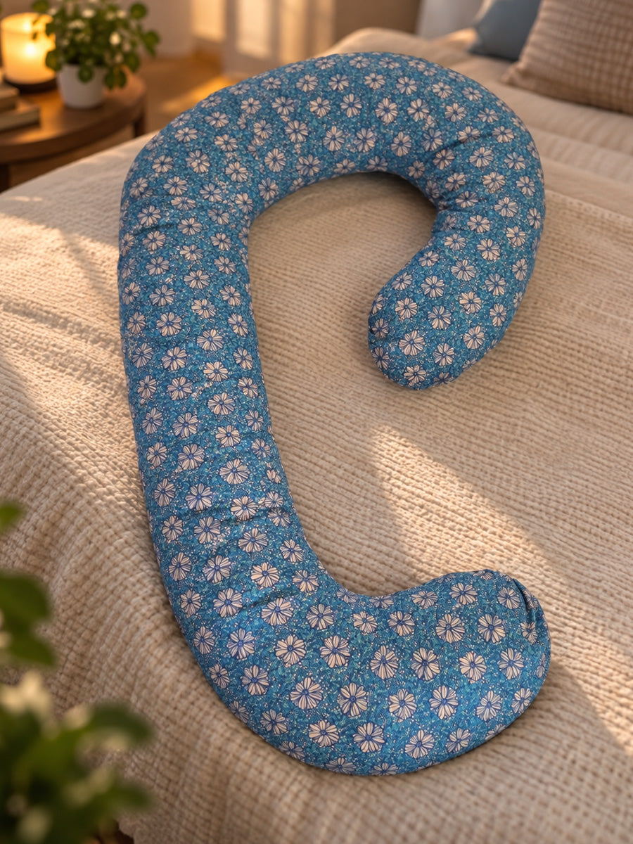 Ziva Multipurpose Pregnancy Pillow / Maternity Pillow / Body Pillow – 9 Shape (C Shape) – Blue Floral Print | 100% Cotton