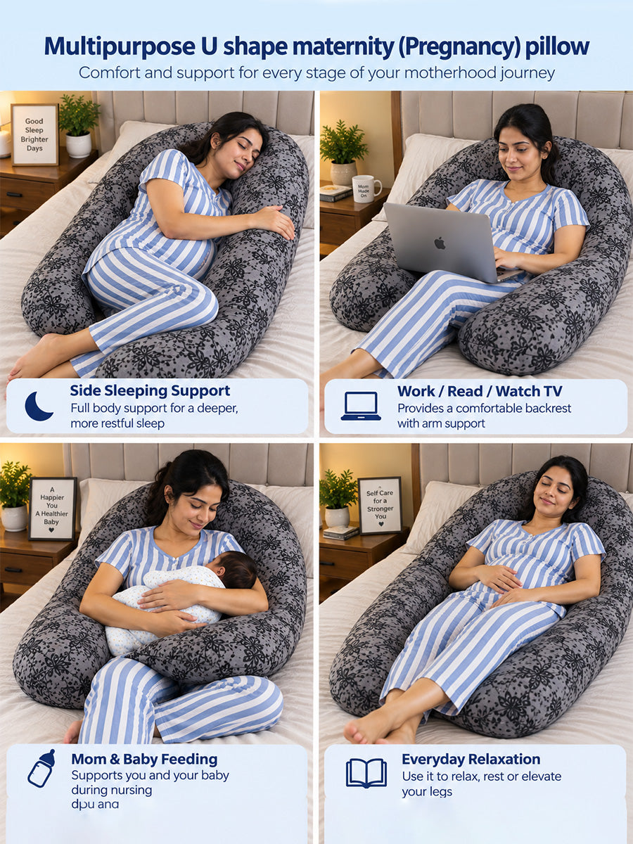 Ziva Multipurpose Pregnancy Pillow / Maternity Pillow / Body Pillow – U Shape – Grey & Black Botanical Leaf Print | Velvet Fabric