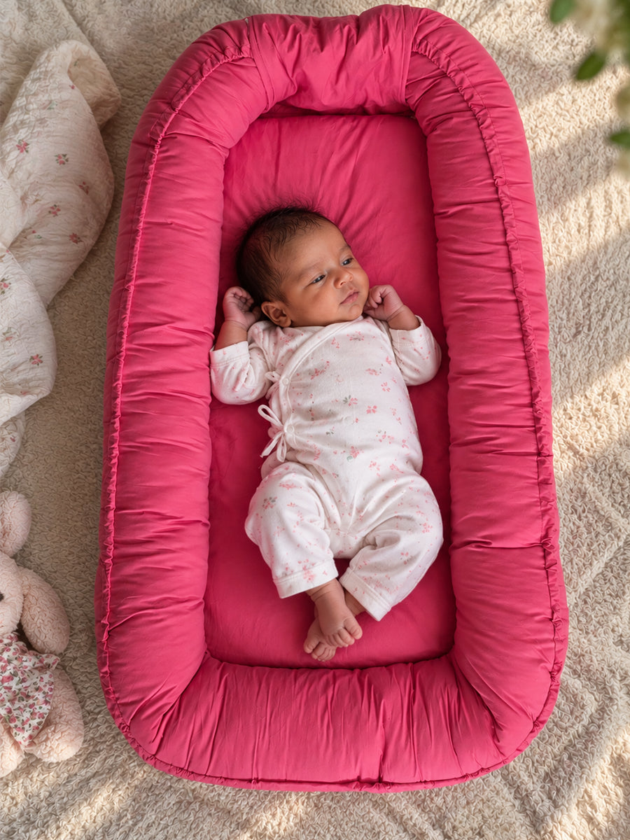 Premium Organic Cotton Multipurpose Baby Nest –  Newborn Baby Lounger & Baby Bed | Raspberry Pink | Ziva Collected | Carefully Selected for Your Little One