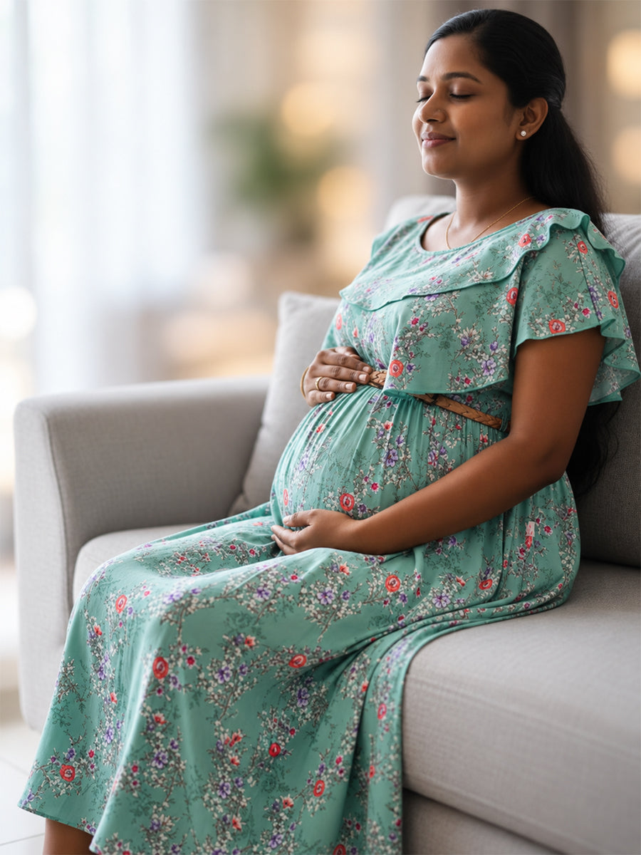 Ziva Light Blush Pink Floral Ruffle Overlay Maternity & Feeding Dress with Concealed Dual Zips, Belt & Pockets