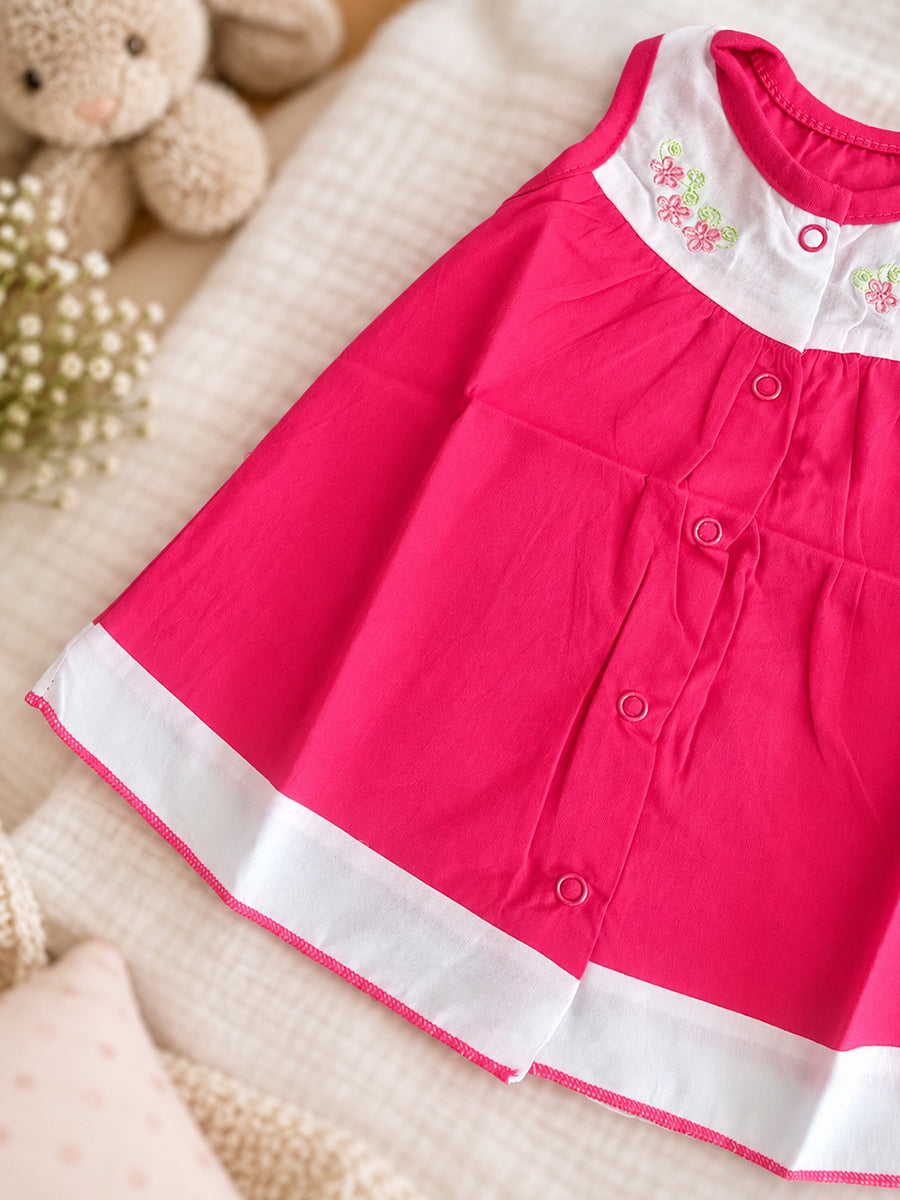 Baby Cotton Front Open Frock – Rani Pink & White | Floral Embroidered Yoke | Ziva Collected | Carefully Selected for Your Little One