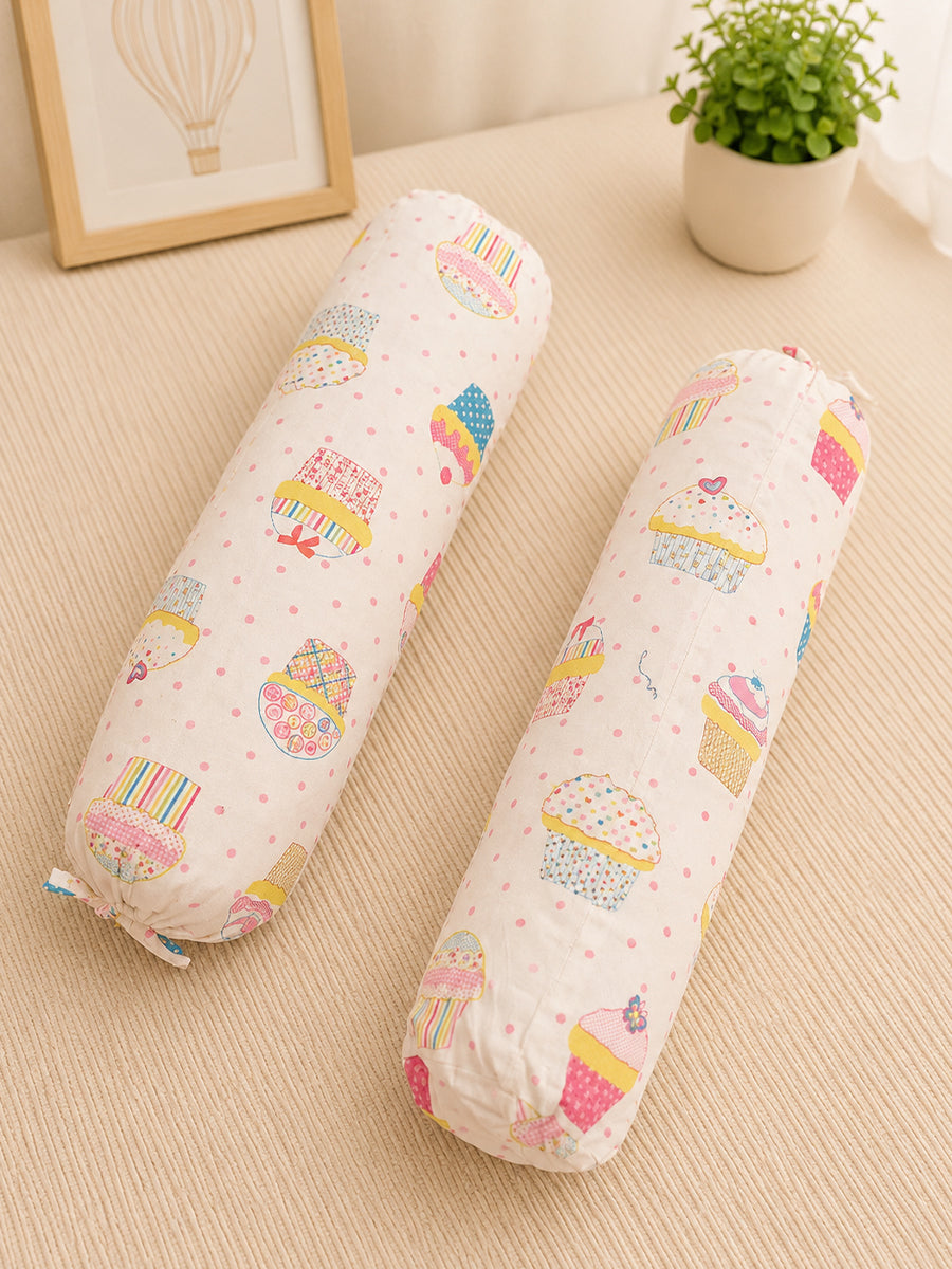 Ziva Baby Side Pillow (Bolster Pillow) | Multipurpose | Cotton Cover | Patchwork Cupcake Print