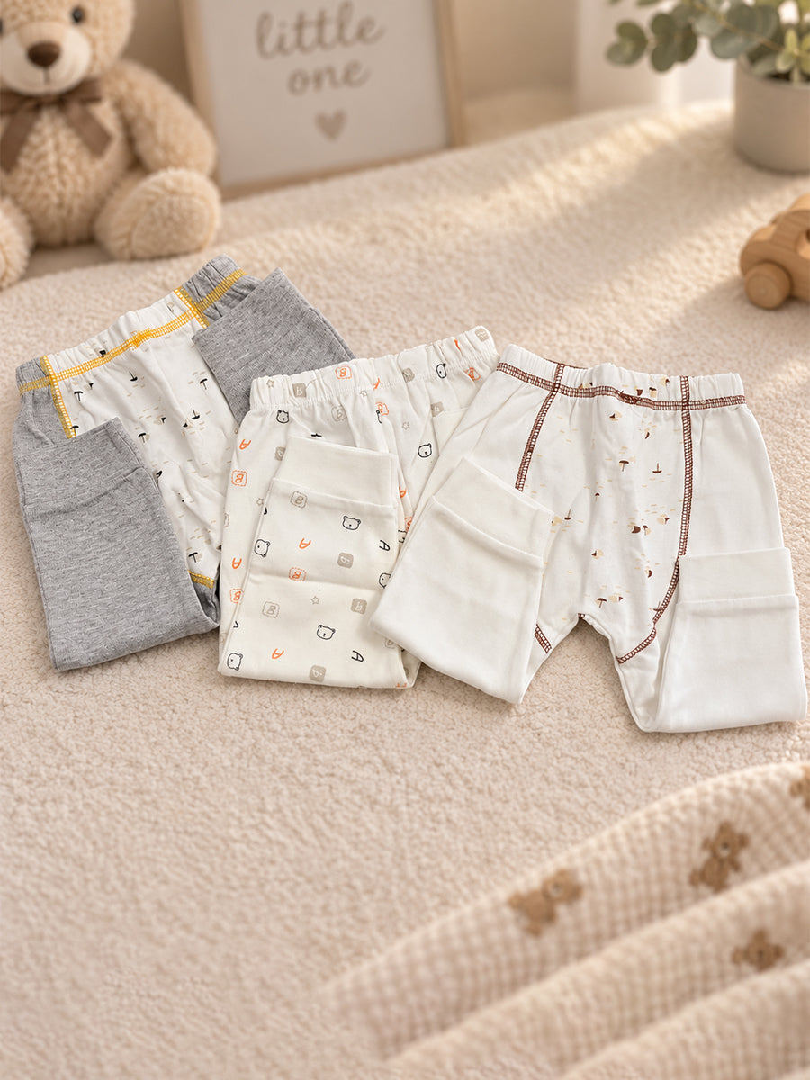 Baby Knitted Cotton Pants Combo – Pack of 3 | Assorted Teddy & Mini Print | 3–6 Months | Ziva Collected | Carefully Selected for Your Little One