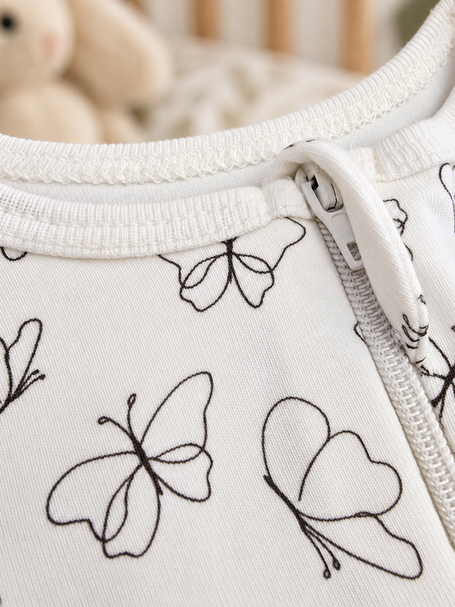 Ziva Baby Sleepsuit with Cap – Off-White Butterfly Print | Premium Knitted Cotton | Front Zip | Fold-Over Mittens & Integrated Booties