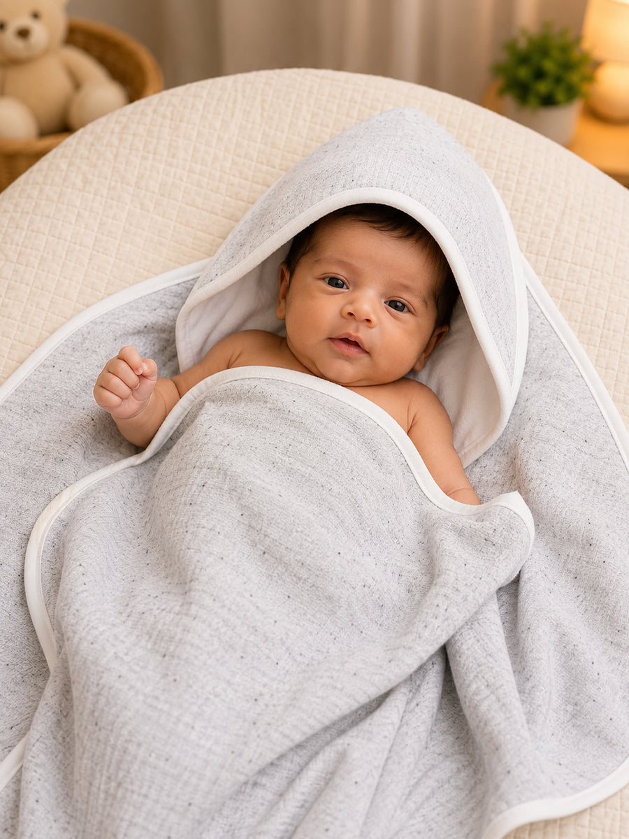 Ziva Premium Soft Terry Hooded Baby Towel | Light Grey | Plain Colour | Soft, Highly Absorbent & Quick Dry