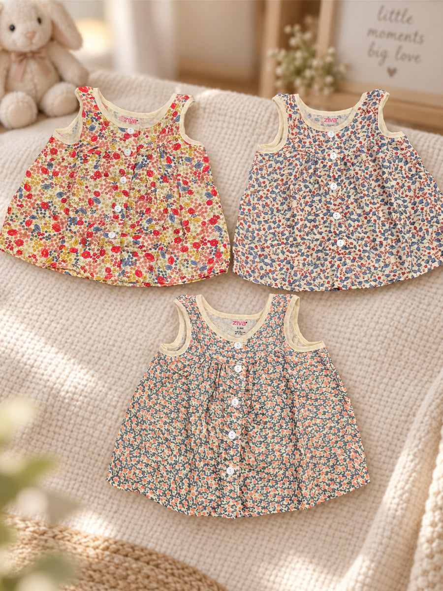 Ziva Muslin Baby Girl Front Button Frock – Pack of 3 | Premium Muslin Cotton | Assorted Floral Prints (Print Details: Check Product Description)