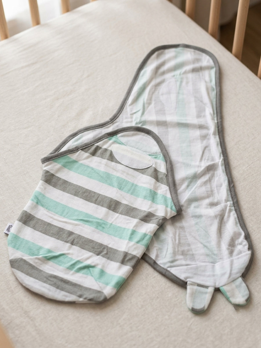 Baby Knitted Cotton Velcro Swaddle – White with Mint Green & Grey Stripe Print | Adjustable Velcro Closure | Ziva Collected | Carefully Selected for Your Little One