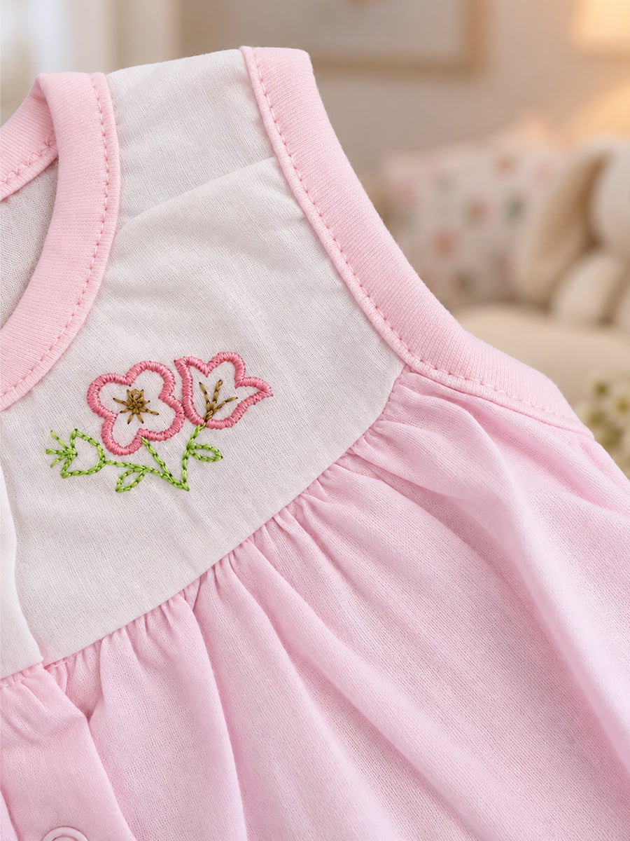 Baby Cotton Front Open Frock – Baby Pink & White | Floral Embroidered Yoke | Ziva Collected | Carefully Selected for Your Little One