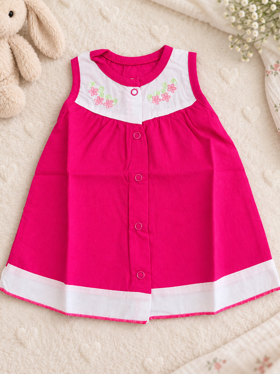 Baby Cotton Front Open Frock – Rani Pink & White | Floral Embroidered Yoke | Ziva Collected | Carefully Selected for Your Little One