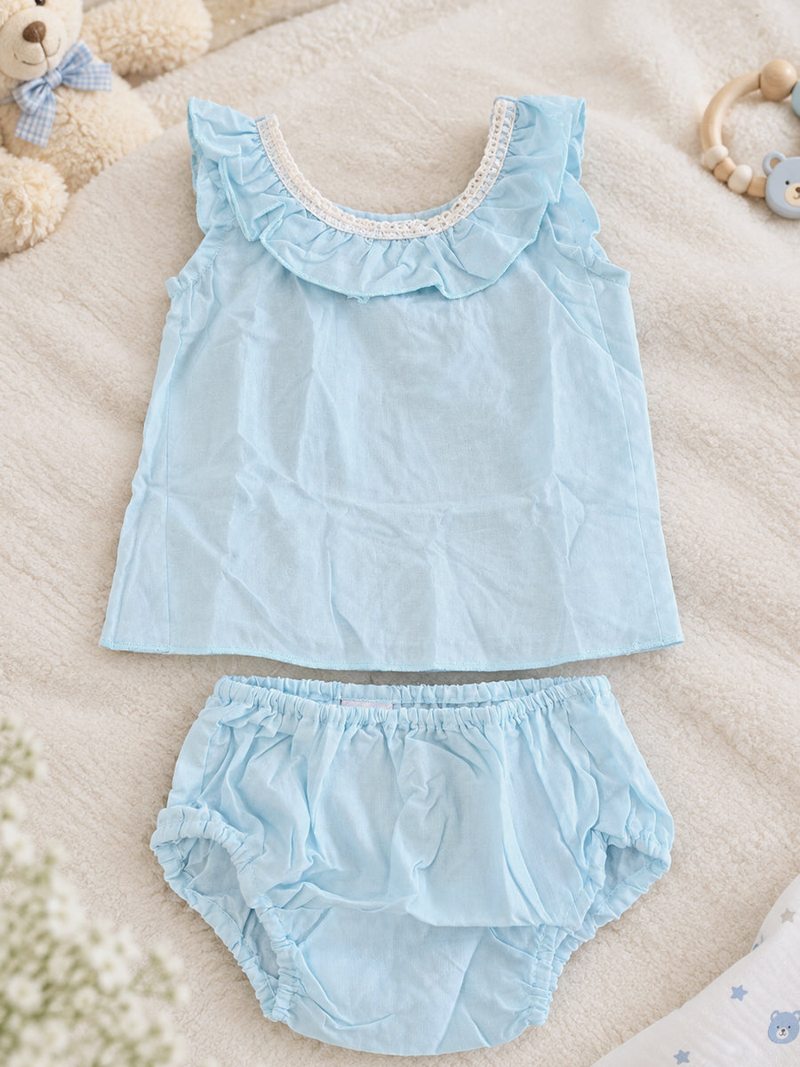 Ziva Baby Cotton Ruffle Neck Top & Bloomer Set – Baby Blue | Back Tie-Up | 1 Top + 1 Bloomer