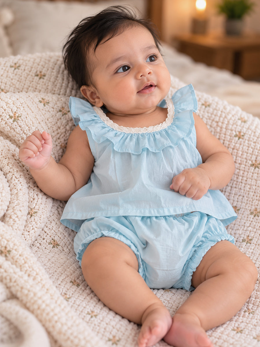 Ziva Baby Cotton Ruffle Neck Top & Bloomer Set – Baby Blue | Back Tie-Up | 1 Top + 1 Bloomer