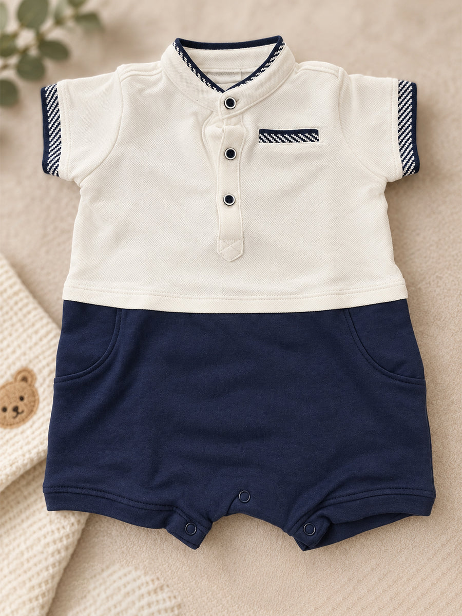 Baby Boy Knitted Cotton Polo Style Jumpsuit – Off-White & Navy Blue | Ziva Collected | Carefully Selected for Your Little One