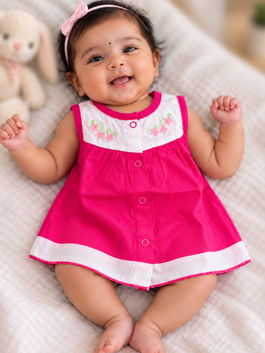 Baby Cotton Front Open Frock – Rani Pink & White | Floral Embroidered Yoke | Ziva Collected | Carefully Selected for Your Little One