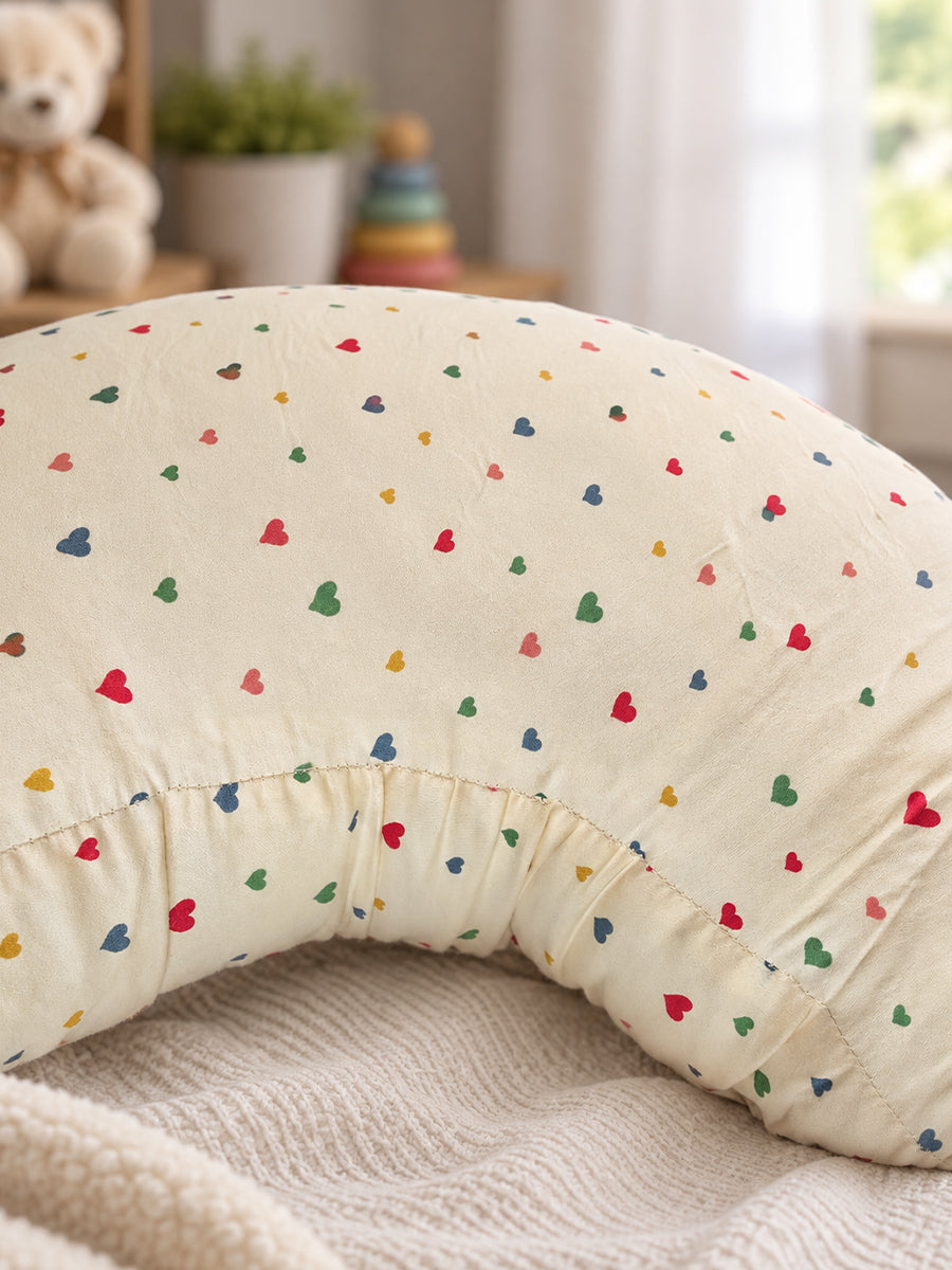 Ziva Multipurpose Feeding Pillow – Premium Organic Cotton | Soft Cream with Multicolour Tiny Heart Print | Removable & Washable Cover