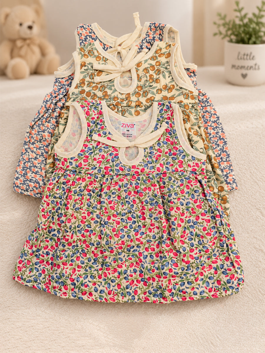 Ziva Muslin Baby Girl Front Knot Tie Frock – Pack of 3 | Premium Cotton Muslin | Assorted Botanical Prints (Print Details: Check Product Description)