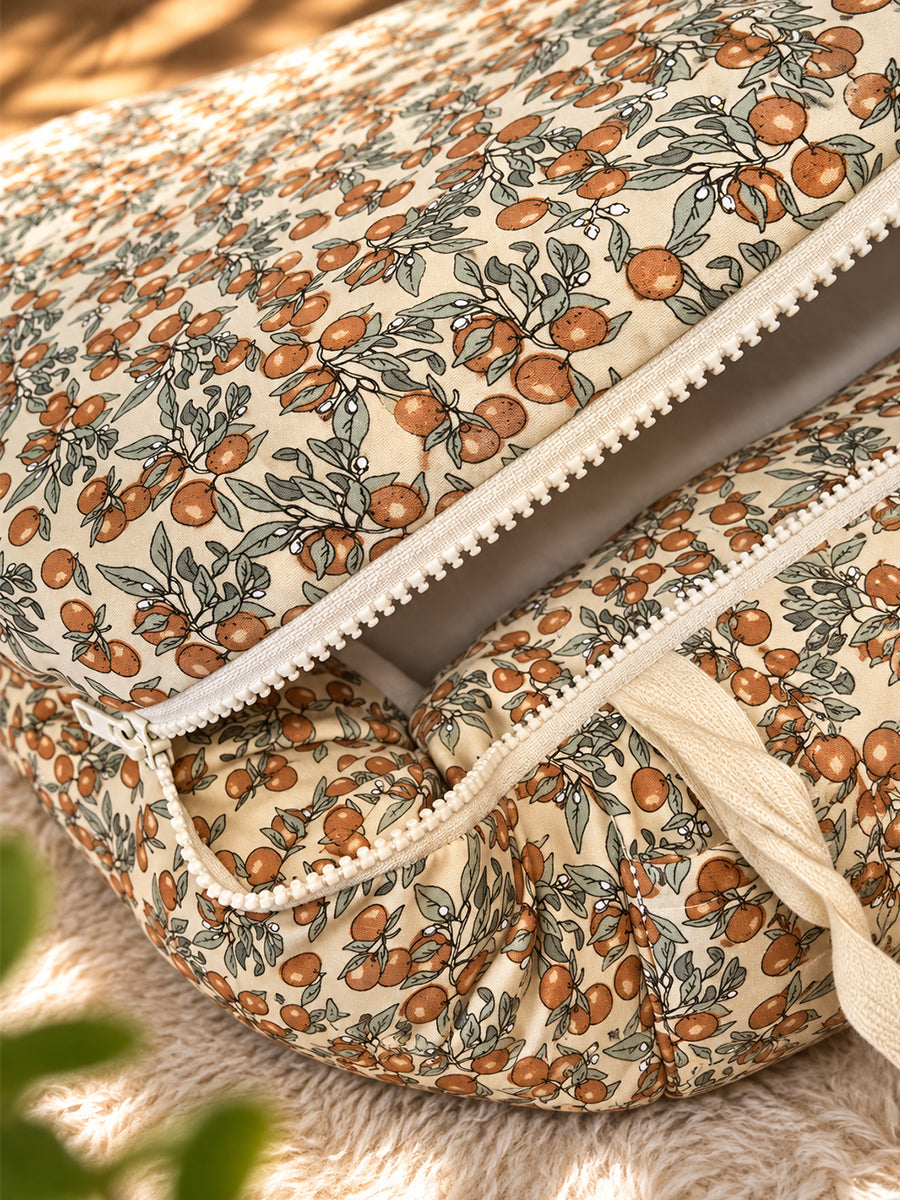 Premium Organic Cotton Multipurpose Baby Nest – Newborn Baby Lounger & Baby Bed | Rust Orange Botanical Fruit Print | Ziva Collected | Carefully Selected for Your Little One