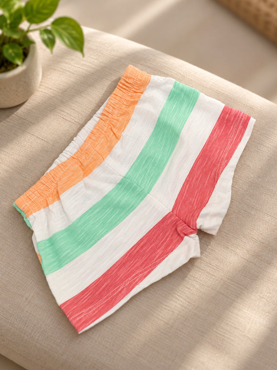 Ziva Baby Premium Knitted Cotton Shorts Combo – Pack of 2 | Pink Brushed Stripe & Multicolour Stripe