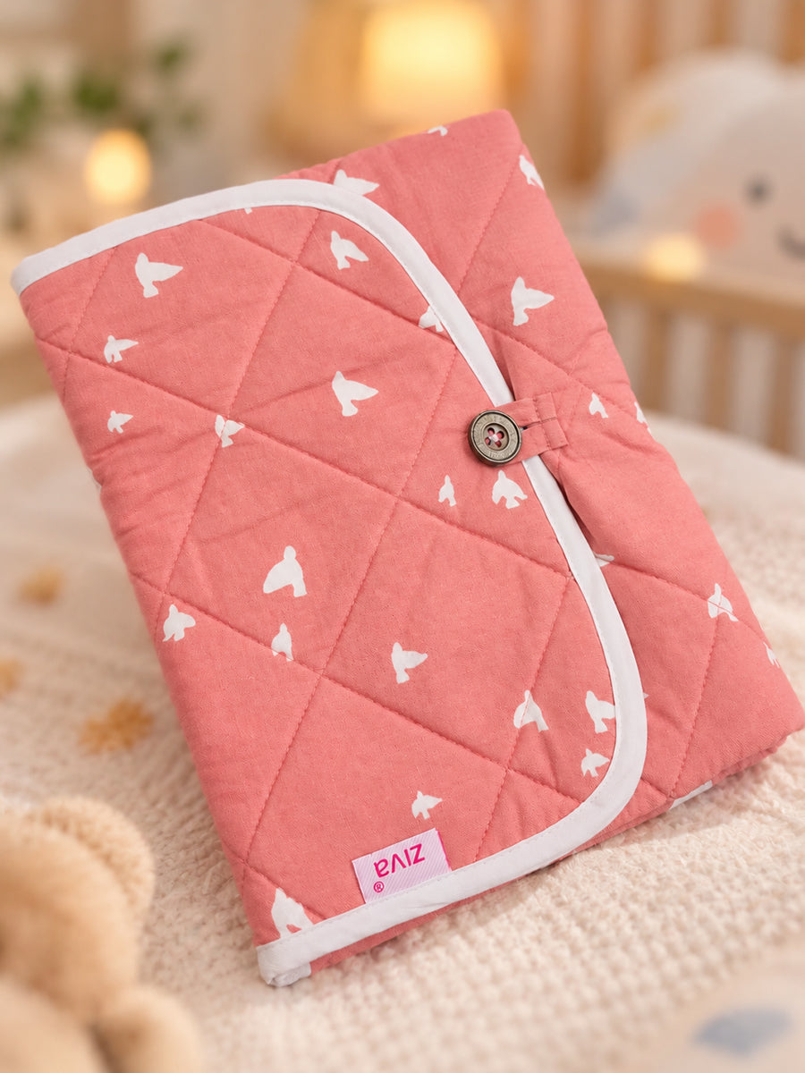Ziva Baby Nappy & Diaper Changing Sheet – Foldable Travel Changing Mat with Storage Pocket | Peach Pink Little Bird Print