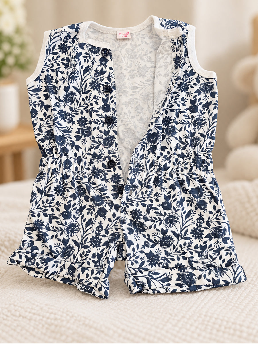 Ziva Baby Playsuit Romper – Blue Tropical Leaf Print | Knitted Cotton | Front Button Open | Elasticated Waist
