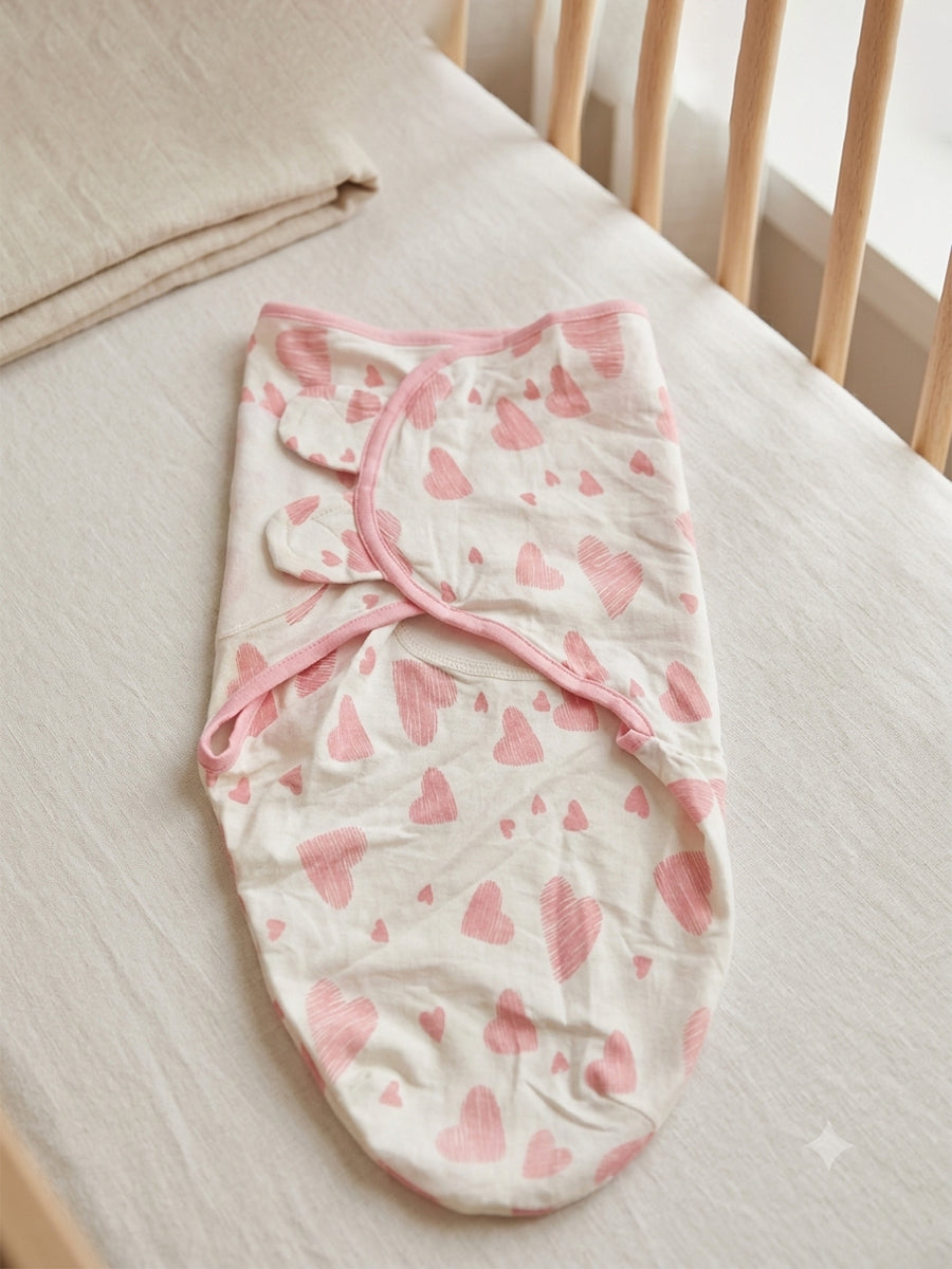 Baby Knitted Cotton Velcro Swaddle – White with Pink Heart Print | Adjustable Velcro Closure | Ziva Collected | Carefully Selected for Your Little One