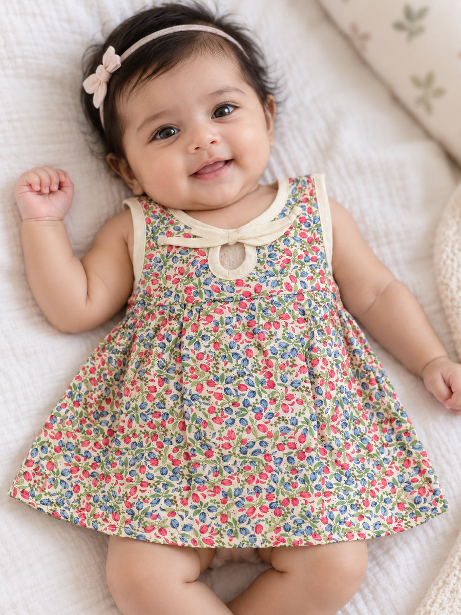 Ziva Muslin Baby Girl Front Knot Tie Frock – Pack of 3 | Premium Cotton Muslin | Assorted Botanical Prints (Print Details: Check Product Description)
