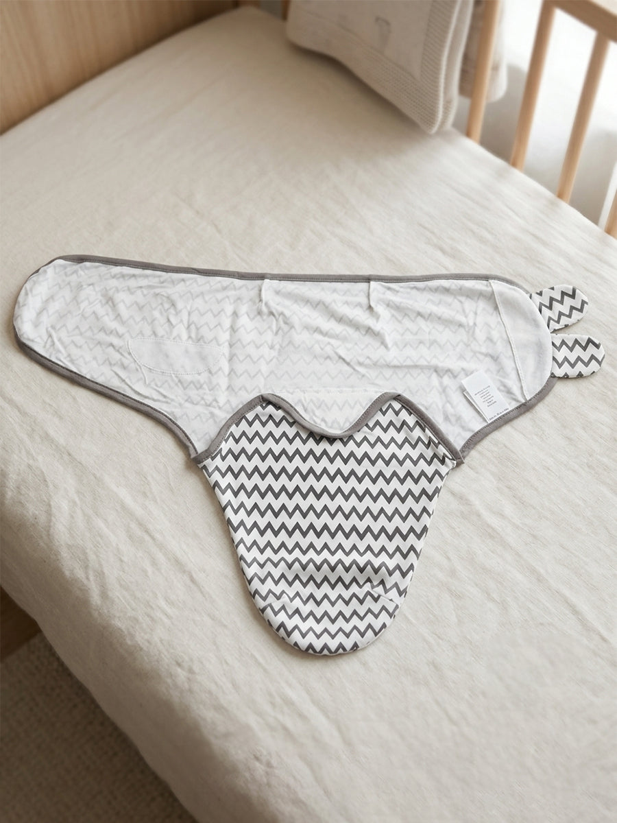 Baby Knitted Cotton Velcro Swaddle – White with Grey Zigzag Print | Adjustable Velcro Closure | Ziva Collected | Carefully Selected for Your Little One