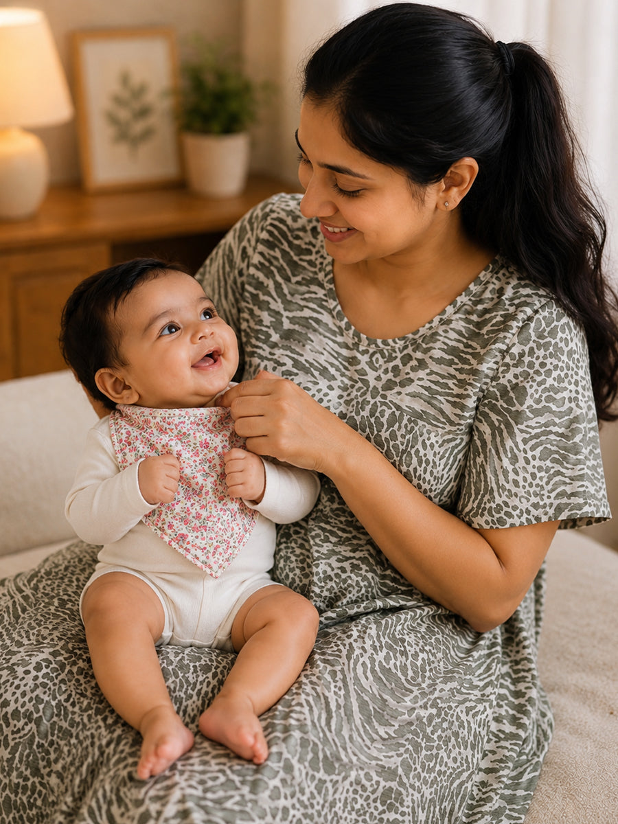 Ziva Premium Knitted Cotton Baby Bib – Pack of 3 | Soft Terry Lining | Adjustable Press Buttons | Assorted Floral Prints