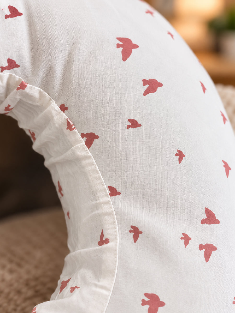 Ziva Multipurpose Feeding Pillow – White with Peach Pink Bird Print | 100% Cotton Cover | Removable & Washable