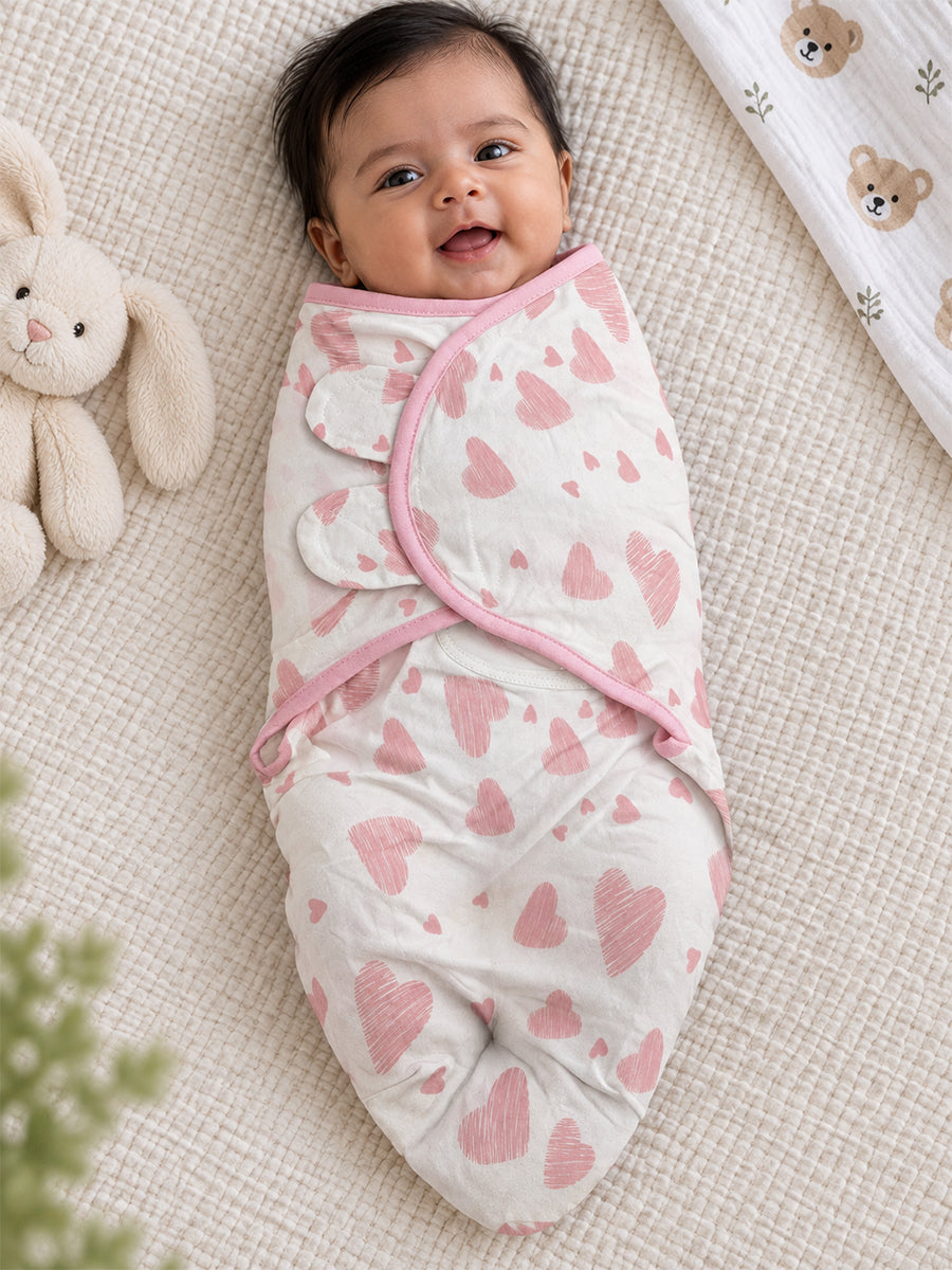Baby Knitted Cotton Velcro Swaddle – White with Pink Heart Print | Adjustable Velcro Closure | Ziva Collected | Carefully Selected for Your Little One