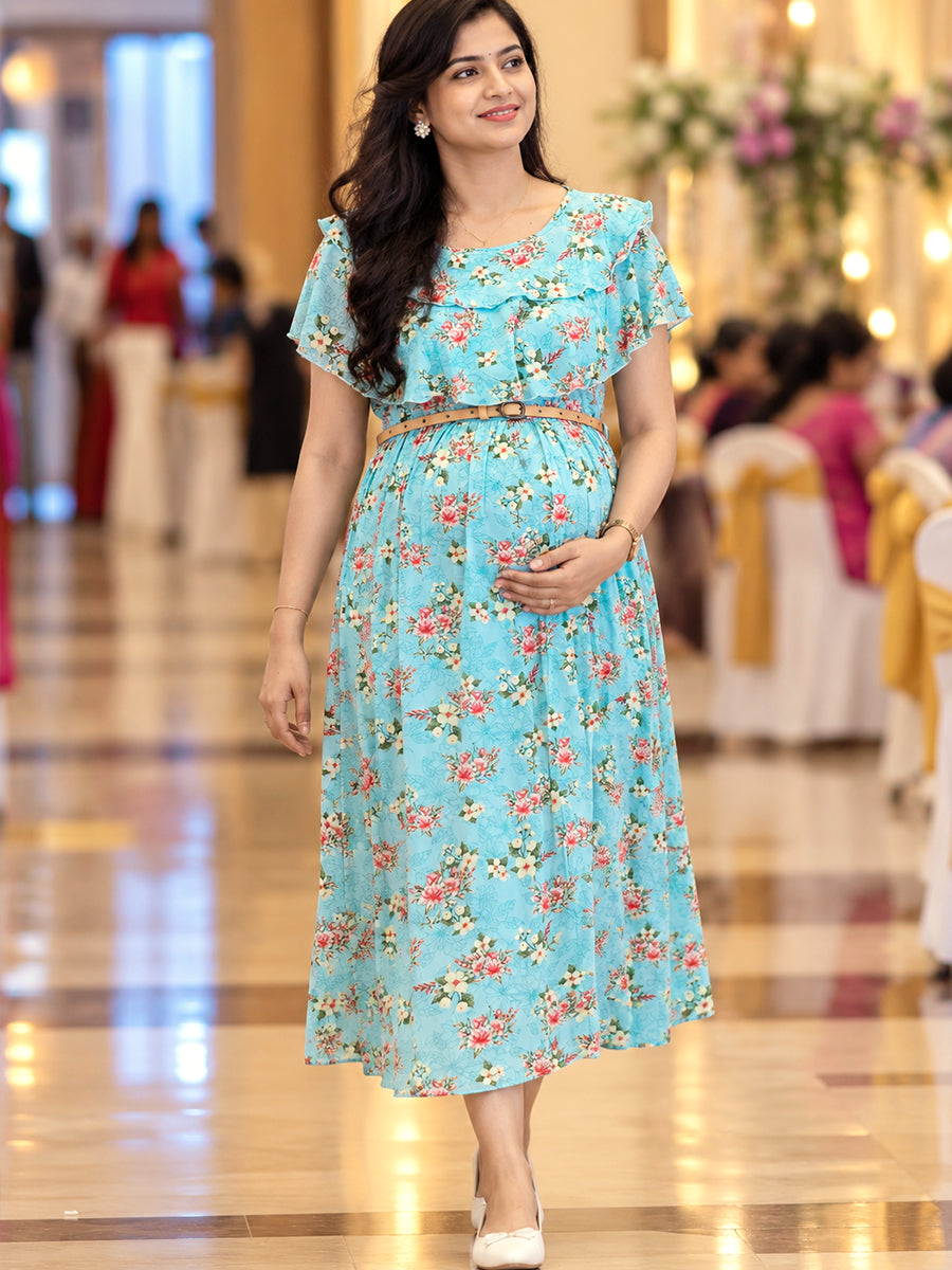 Ziva Maternity & Feeding Ruffle Overlay Dress with Concealed Zips & Pockets | Soft Aqua Blue Floral