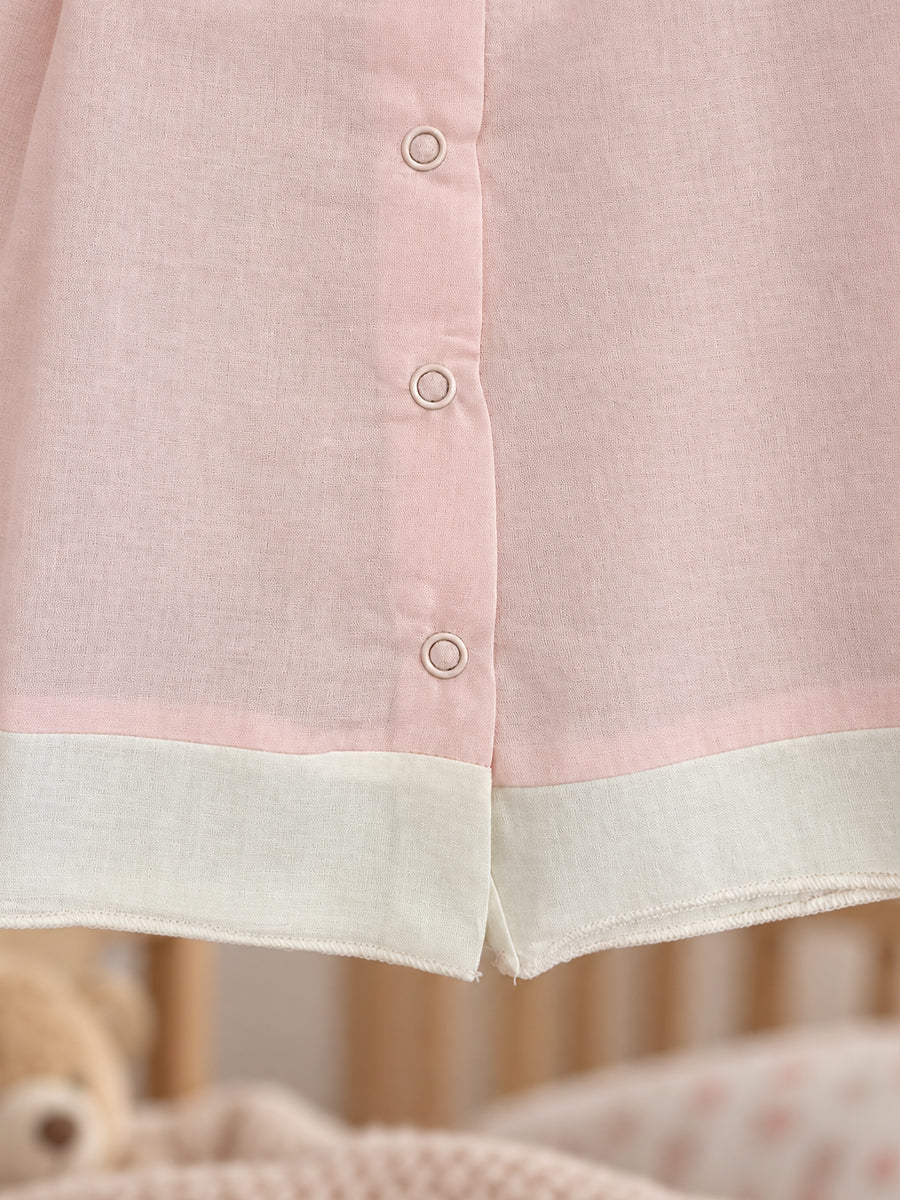 Baby Cotton Front Open Frock – Baby Pink & White | Floral Embroidered Yoke | Ziva Collected | Carefully Selected for Your Little One