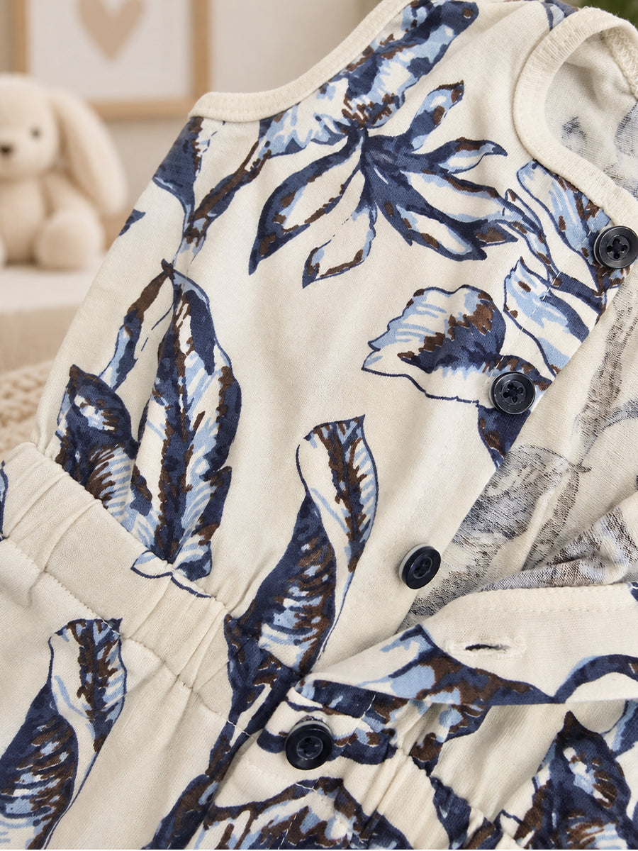 Ziva Baby Playsuit Romper – Navy Floral Print | Knitted Cotton | Sleeveless | Full Front Button Open