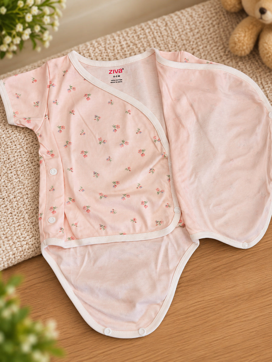 Ziva Baby Romper – Premium Knitted Cotton Overlap Style – Pack of 3 | Ivory Butterfly, White Pink Floral & Blush Pink Mini Floral Assorted Prints