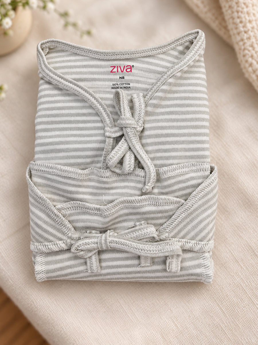 Ziva Newborn Knitted Cotton Front Open Tie Jabla with Light Padded Tie Nappy – Pastel Green Stripe | 1 Jabla + 1 Nappy