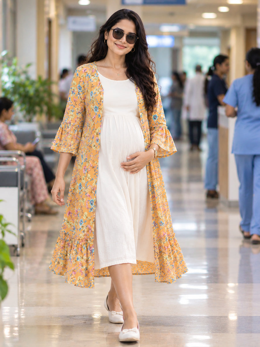 Ziva Premium Rayon Maternity & Feeding Dress with Sleeveless Inner & Floral Tie-Up Long Jacket with side pocket – Off-White & Peach Orange Multicolour Floral